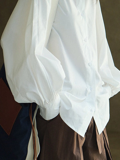 Casual Loose Puff Sleeves Solid Color Lapel Blouses