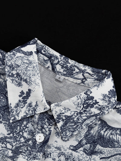 Loose Puff Sleeves Pleated Printed Split-Joint Tied Waist Lapel Mini Dresses Shirt Dress