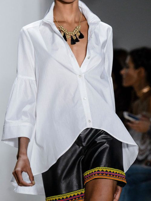 Flared Sleeves Long Sleeves Buttoned Solid Color Lapel Blouses&Shirts Tops