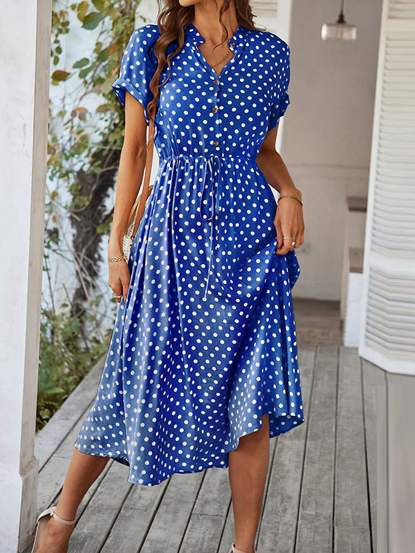 A-Line High Waisted Buttoned Drawstring Polka-Dot V-Neck Midi Dresses