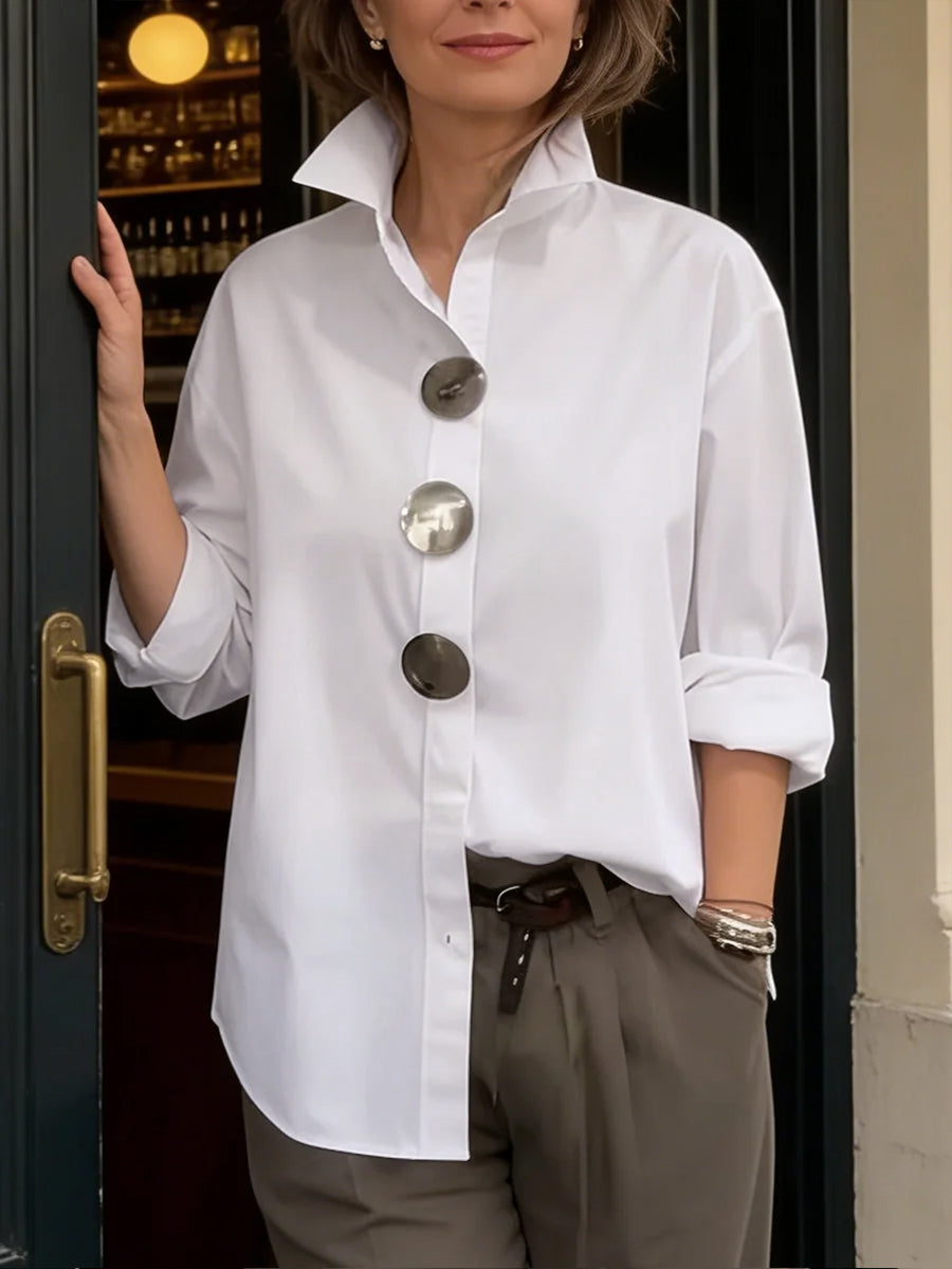Long Sleeves Loose Buttoned Solid Color Split-Joint Lapel Blouses&Shirts Tops