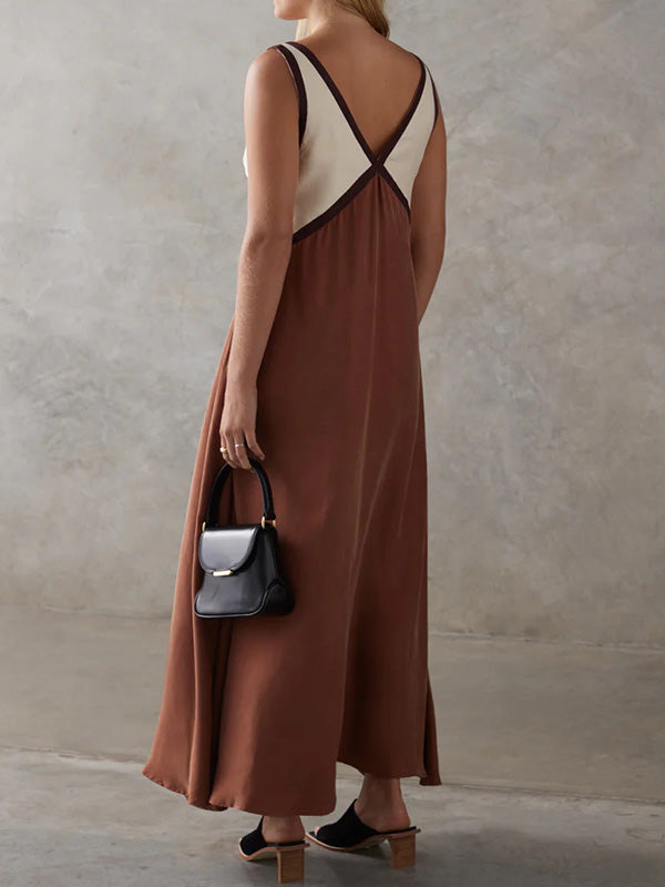 Loose Sleeveless Contrast Color Split-Joint Deep V-Neck Maxi Dresses
