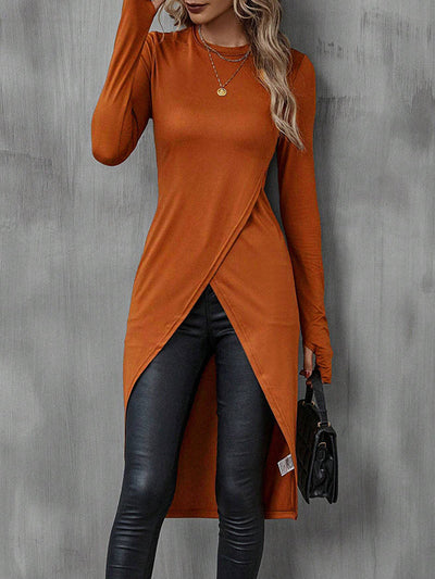 High-Low Long Sleeves Solid Color Split-Joint Round-Neck T-Shirts Tops
