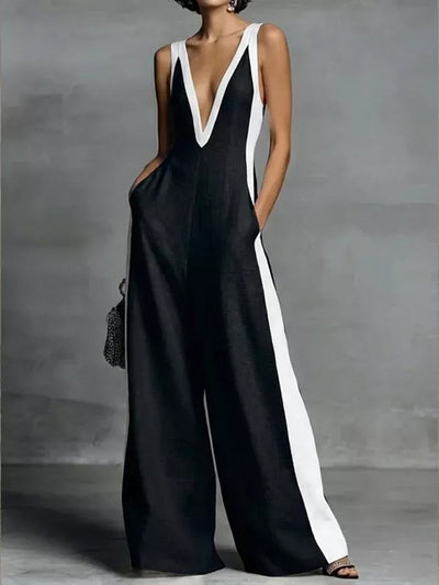 High Waisted Loose Contrast Color Pockets Deep V-Neck Jumpsuits
