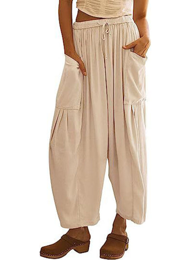 High Waisted Loose Drawstring Elasticity Pleated Pockets Solid Color Ninth Pants Trousers