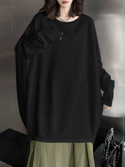 Batwing Sleeves Long Sleeves Solid Color Round-neck T-Shirts Tops