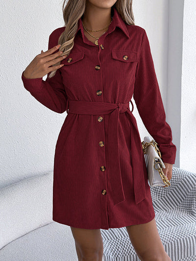 Elasticated Waist Long Sleeves Belted Buttoned Single-Breasted Solid Color Lapel Collar Mini Dresses Shirt Dress
