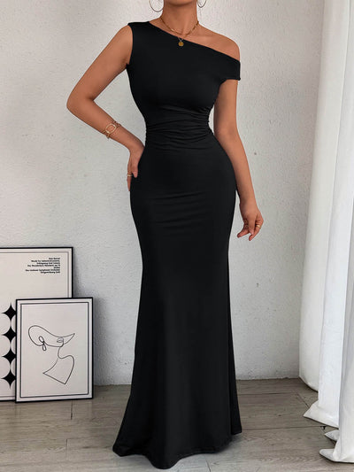 Bodycon High Waisted Asymmetric Pleated Solid Color Split-Side One-Shoulder Maxi Dresses