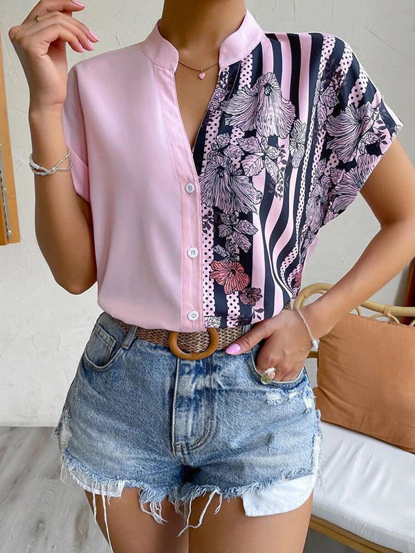 Loose Short Sleeves Buttoned Contrast Color Flower Print Striped V-Neck Blouses&Shirts Tops