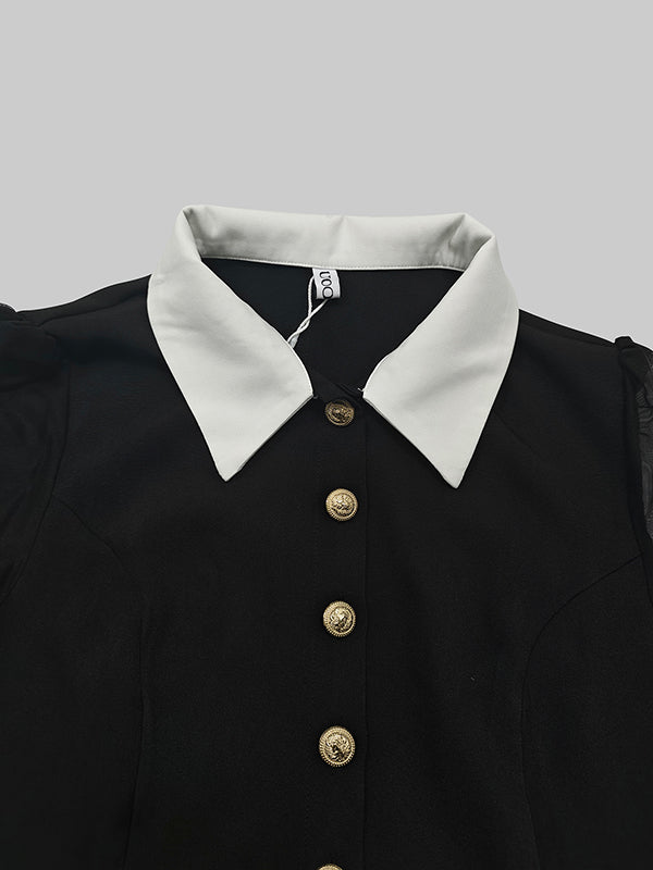 Long Sleeves Buttoned See-Through Solid Color Split-Side Lapel Maxi Dresses Shirt Dress