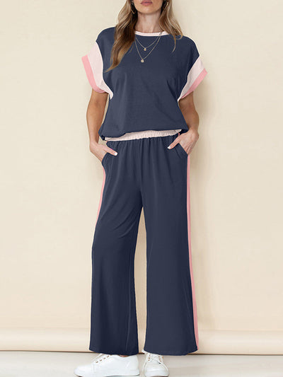 Loose Raglan Sleeve Contrast Color Split-Joint Round-Neck T-Shirt Top + Elasticity Pockets Pants Bottom Two Pieces Set
