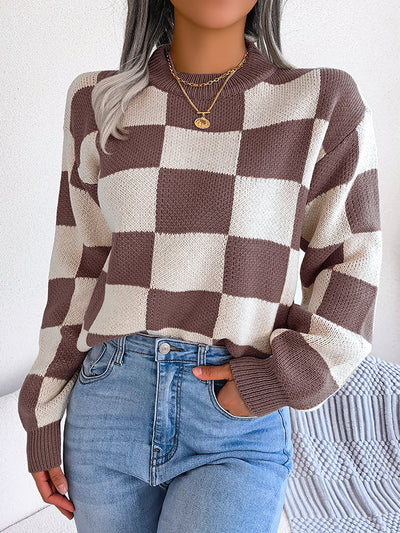 Long Sleeves Loose Contrast Color Plaid Round-Neck Sweater Tops