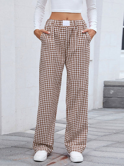 Elasticated Waist High Waisted Contrast Color Plaid Pockets Split-Joint Pants Trousers