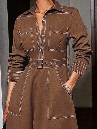 Long Sleeves Loose Buttoned Elasticity Pockets Solid Color Lapel Maxi Dresses