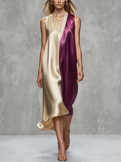A-Line Loose Contrast Color V-Neck Midi Dresses