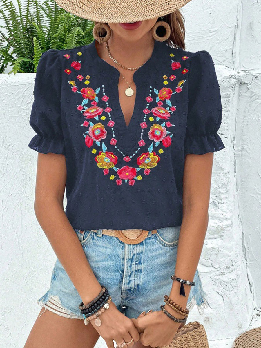 Loose Puff Sleeves Flower-Embellished Contrast Color Jacquard Pleated Ruffled Split-Joint V-Neck Blouses&Shirts Tops