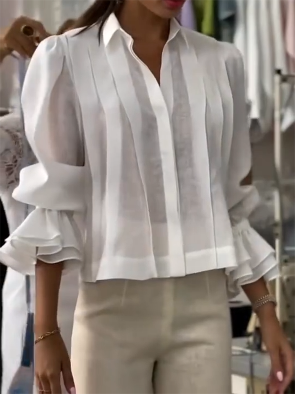 Long Sleeves Elasticity Solid Color Split-Joint Tiered Lapel Blouses&Shirts Tops