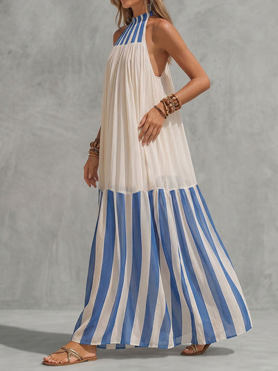 A-Line Loose Contrast Color Pleated Striped Halter-Neck Maxi Dresses