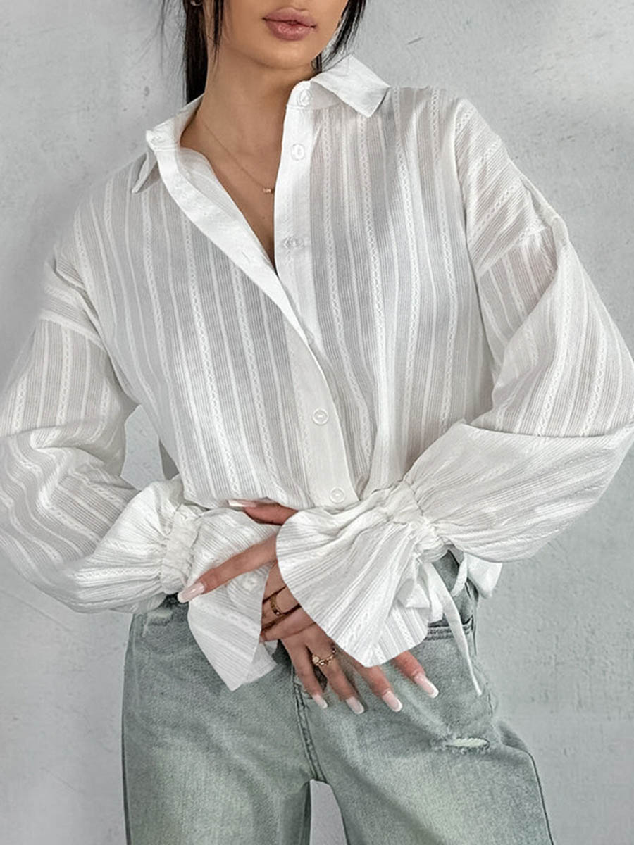 Long Sleeves Loose Buttoned Solid Color Split-Joint Striped Lapel Blouses&Shirts Tops