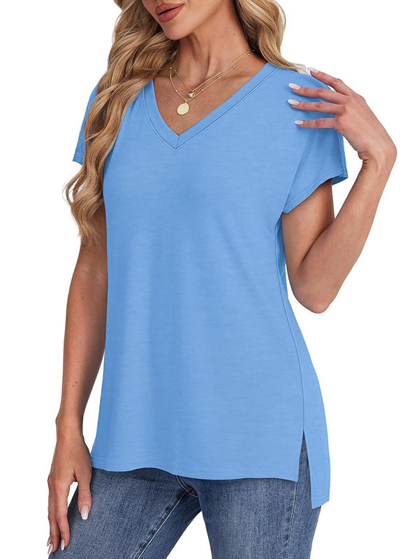High-Low Raglan Sleeve Solid Color Split-Joint Split-Side V-Neck T-Shirts