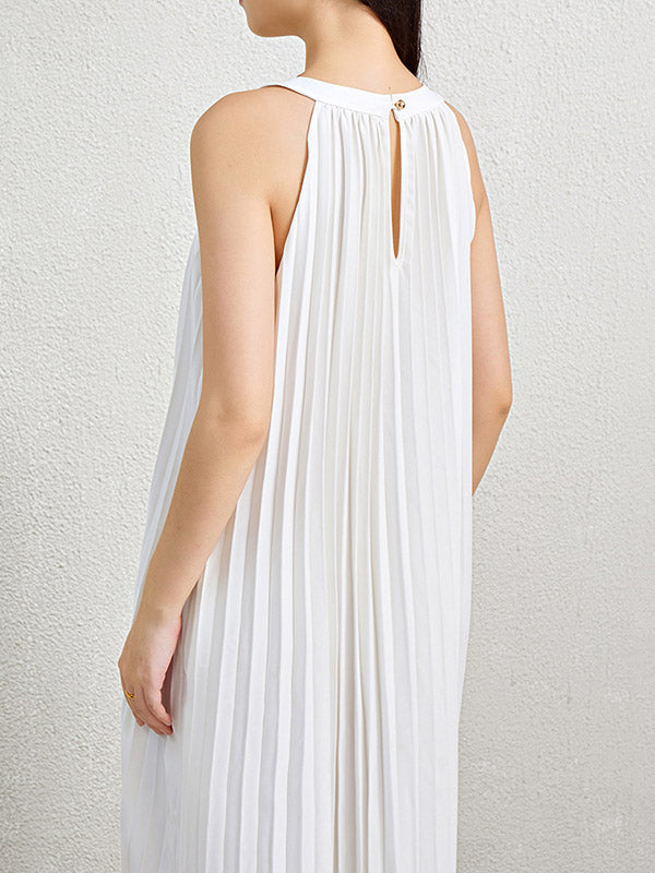 Loose Sleeveless Hollow Pleated Pockets Solid Color Halter-Neck Maxi Dresses