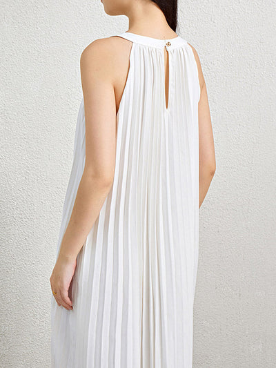 Loose Sleeveless Hollow Pleated Pockets Solid Color Halter-Neck Maxi Dresses