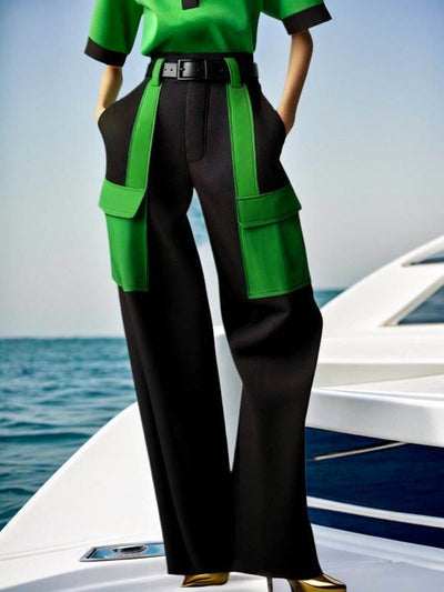 Half Sleeves Loose Contrast Color No Belt Pockets Split-Joint V-Neck Casual Pants Bottoms Trousers