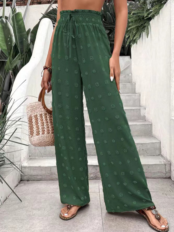 High Waisted Loose Drawstring Elasticity Jacquard Solid Color Pants Trousers