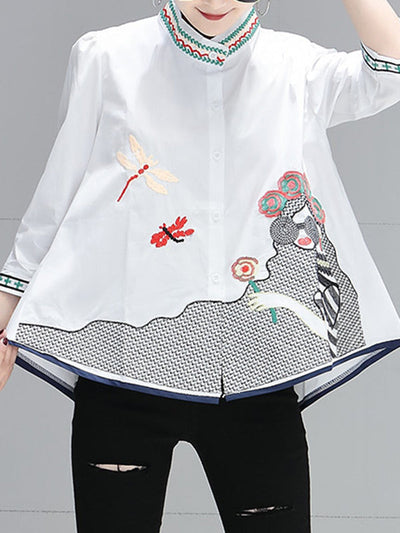Loose Plus Size Embroidered Figure Stand Collar Blouses&Shirts Tops