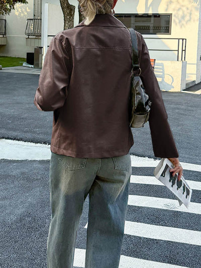 Long Sleeves Pockets Solid Color Zipper Lapel Jackets Overcoat