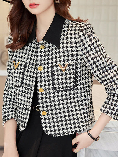 Long Sleeves Plus Size Buttoned Houndstooth Pockets Split-Joint Lapel Outerwear