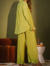 Flared Sleeves Long Sleeves Buttoned Drawstring Pleated Solid Color Split-Side Lapel Shirts Top + Pants Bottom Pajama Sets