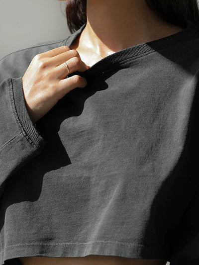 Long Sleeves Loose Solid Color Split-Joint Round-Neck Sweatshirt Tops