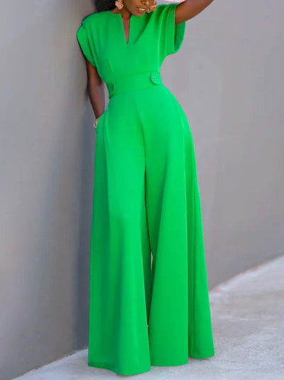 Cap Sleeve Wide Leg Solid Color Jumpsuits