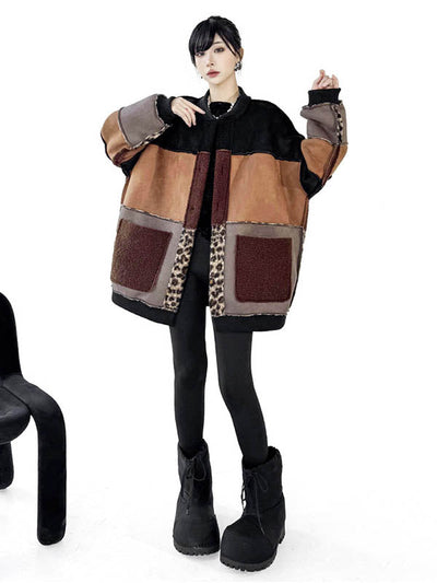 Long Sleeves Loose Buttoned Contrast Color Reversible Split-Joint Round-Neck Cardigan Tops Outerwear
