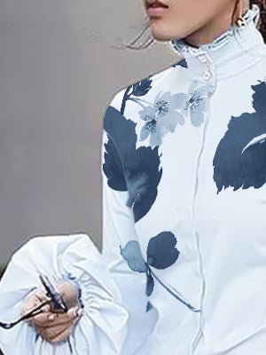 Long Sleeves Loose Buttoned Leaves Print High-Neck Blouses&Shirts Tops