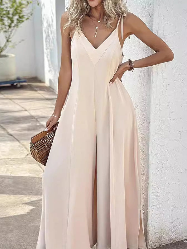 Sleeveless Wide Leg Solid Color Spaghetti-Neck Jumpsuits