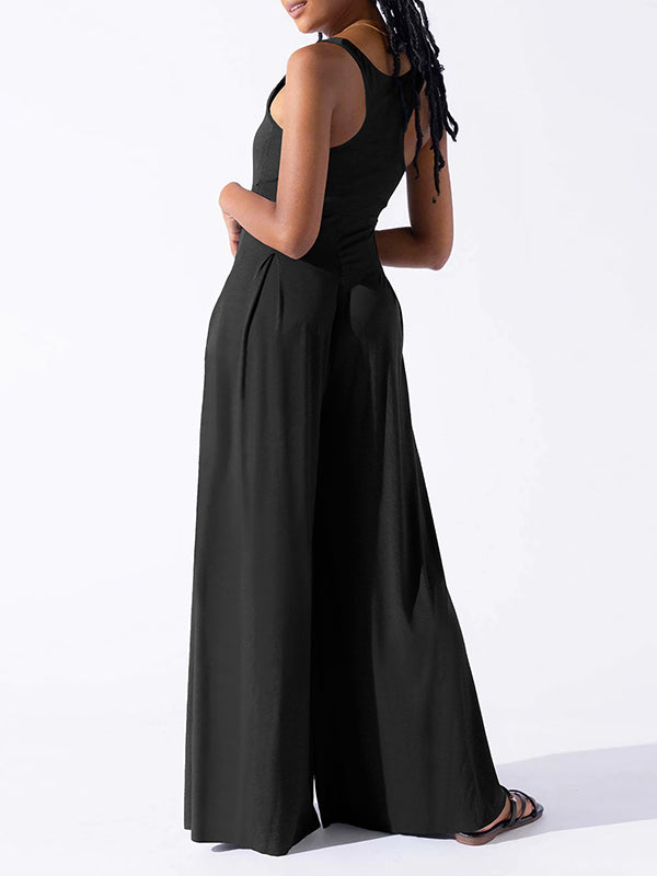 Loose Sleeveless Pleated Solid Color Spaghetti-Neck Jumpsuits