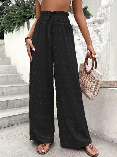 High Waisted Loose Drawstring Elasticity Jacquard Solid Color Pants Trousers