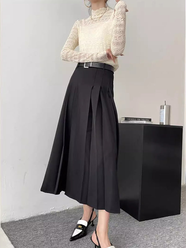 A-Line High Waisted Pleated Solid Color Split-Joint Skirts