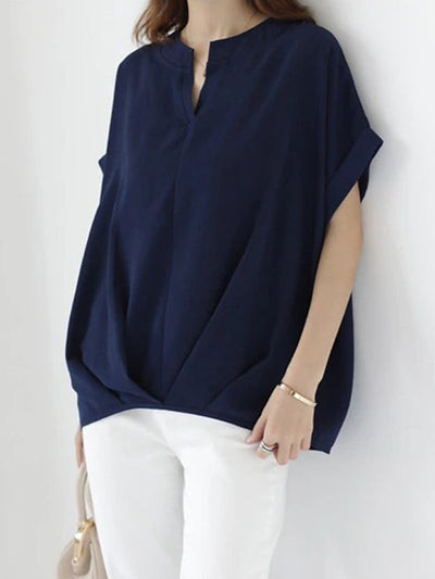 Batwing Sleeves Loose Pleated Solid Color Split-Joint Round-Neck Blouses&Shirts Tops