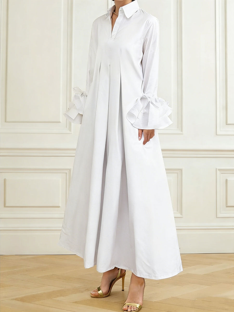 Flared Sleeves Pleated Solid Color Split-Joint Lapel Maxi Dresses Shirt Dress