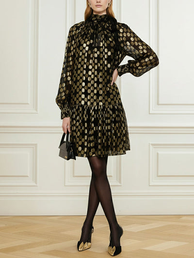 Long Sleeves Puff Sleeves Pleated Polka Dot Shiny Split-Joint High Neck Mini Dresses