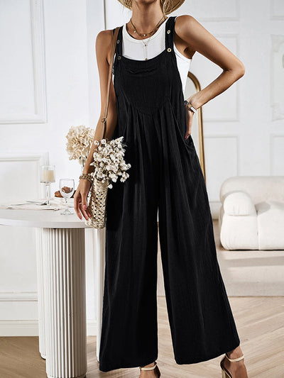 Loose Sleeveless Pleated Pockets Split-Joint Spaghetti-Neck Overalls