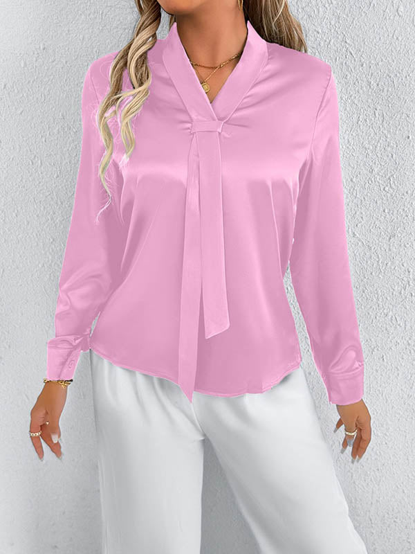 Long Sleeves Loose Solid Color Split-Joint Streamer Scarf Collar Blouses&Shirts Tops
