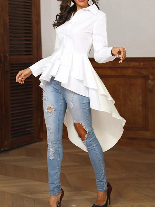 High-Low Long Sleeves Buttoned Falbala Solid Color Lapel Collar Blouses&Shirts Tops