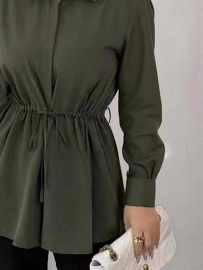 Elasticated Waist Long Sleeves Drawstring Pleated Solid Color Tied Waist Lapel Blouses&Shirts Tops