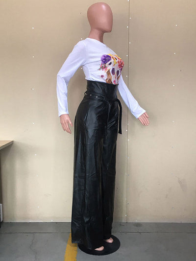 High Waisted Wide Leg Belted Solid Color Zipper Pants Trousers