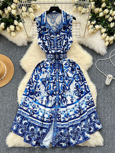 Sleeveless Belt Buckle Buttoned Contrast Color Floral Printed Midi Dresses