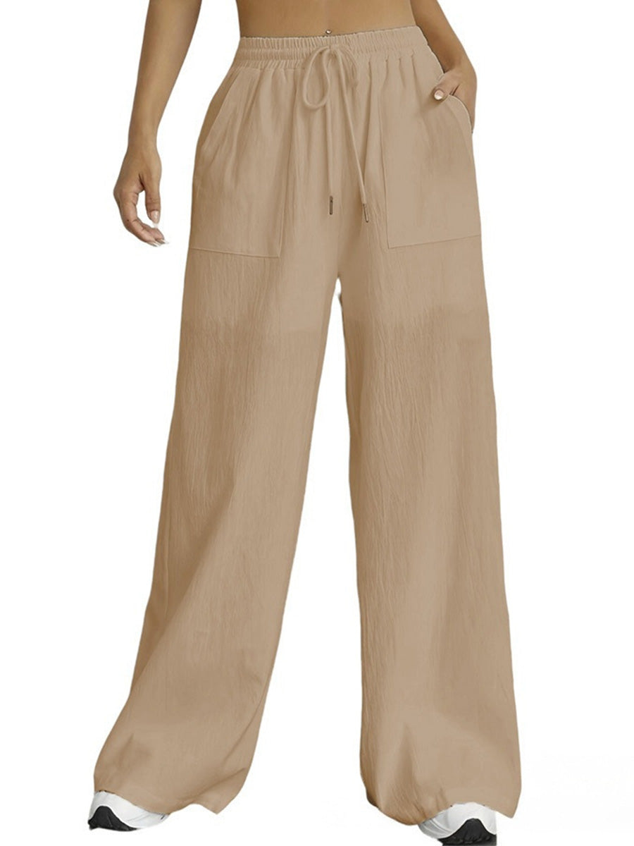 High Waisted Wide Leg Elasticity Pleated Pockets Solid Color Tied Waist Pants Trousers